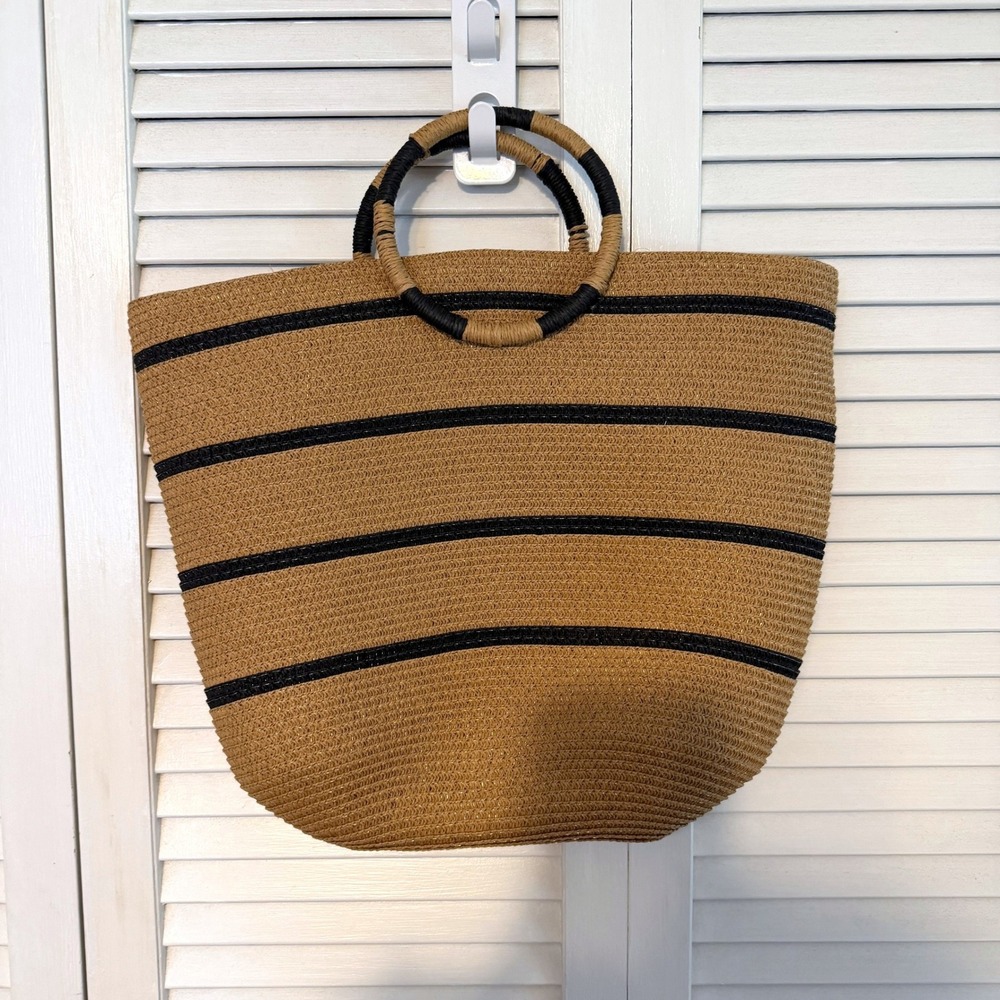 Summer Tote Bag Woven Straw Ring Handle Tan Black Womens Beach Summer Boho - Picture 1 of 2